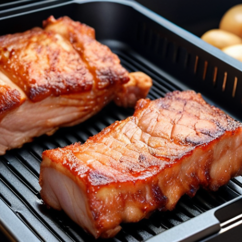 Home 19 **
Air fryer cooking: Crispy golden brown pork belly and chicken on the air fryer tray. Close-up shot, focus on the texture.
**
