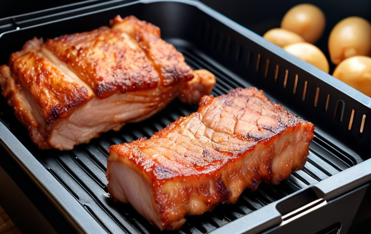 **
Air fryer cooking: Crispy golden brown pork belly and chicken on the air fryer tray. Close-up shot, focus on the texture.
**