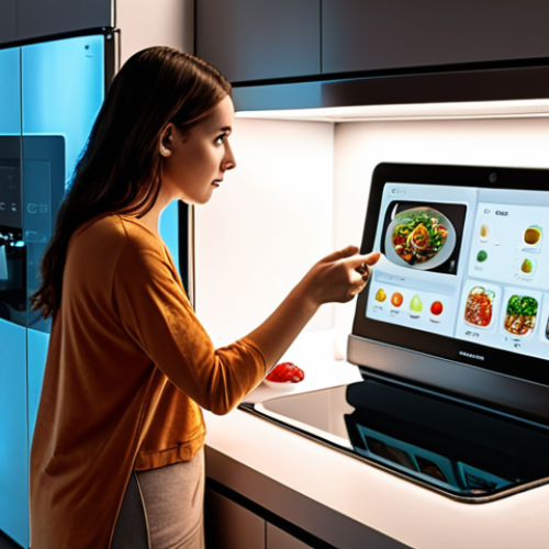 Home 18 **
A futuristic smart kitchen. A person is interacting with a smart refrigerator that displays the contents and suggests recipes based on available ingredients. In the background, a smart oven adjusts its settings automatically. There is also a smart scale on the counter. The scene should convey convenience and technological advancement.
**