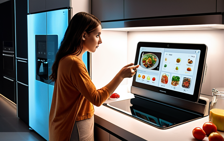 **
A futuristic smart kitchen. A person is interacting with a smart refrigerator that displays the contents and suggests recipes based on available ingredients. In the background, a smart oven adjusts its settings automatically. There is also a smart scale on the counter. The scene should convey convenience and technological advancement.
**