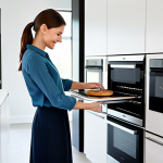 A professional woman in modest, contemporary professional-casual attire, standing relaxed in a sleek, modern minimalist smart kitchen. She is gently touching the surface of a sophisticated, integrated multi-functional oven. The kitchen is impeccably organized with clean lines and ample counter space, reflecting smart space utilization and a sense of calm. Soft, natural light fills the bright, open kitchen. The background shows stylish, uncluttered cabinetry and a subtle smart display on a nearby appliance. Professional photography, high-resolution, sharp focus, vibrant colors, fully clothed, appropriate attire, safe for work, perfect anatomy, correct proportions, natural pose, well-formed hands, proper finger count, natural body proportions, appropriate content, family-friendly.